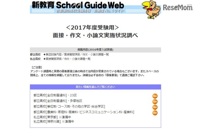 2017年度受験用 面接・作文・小論文実施状況調べ